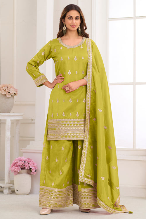 Luxury Green Traditional Art Silk Embroidered Readymade Palazzo Dress