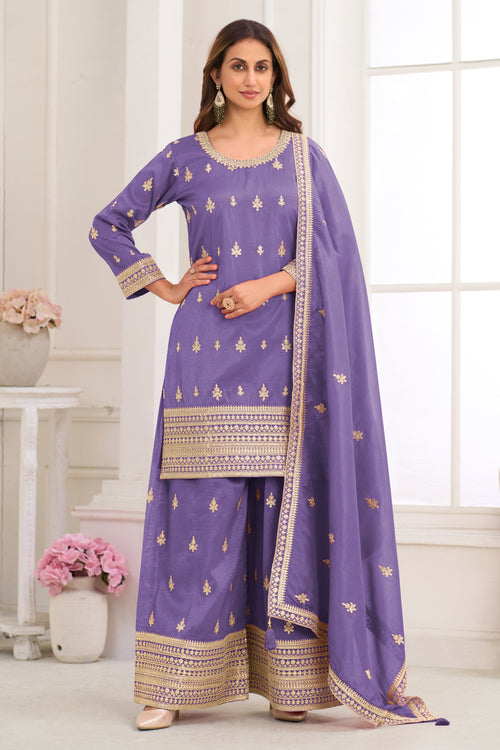 Stylish Purple Festive Wear Readymade Palazzo Salwar Kameez With Embroidered Work