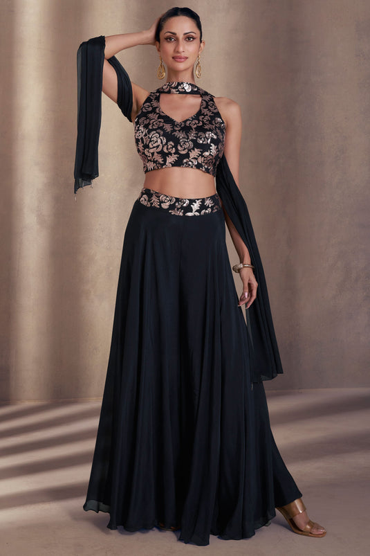 Diksha Singh Attractive Black Color Chinon Silk Readymade Crop Top with Palazzo Set