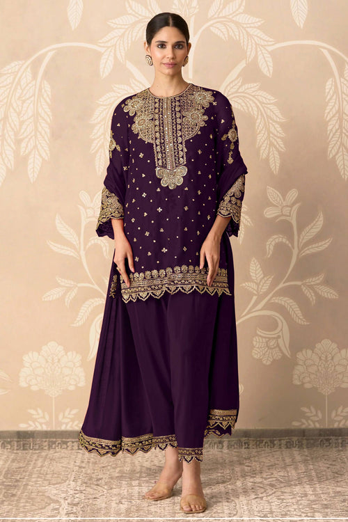 Georgette Embroidered Work Purple Designer Suit