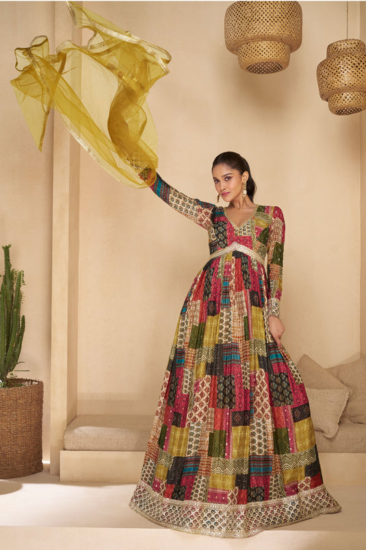 Sushrii Mishraa Multi Color Glorious Readymade Georgette Gown With Dupatta