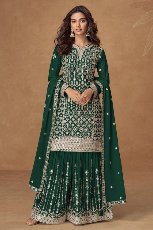 Chinon Silk Dark Green Embroidered Readymade Palazzo Dress