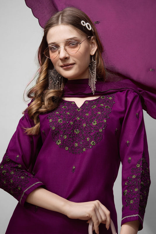 Creative Purple Color Cotton Fabric Readymade Salwar Suit