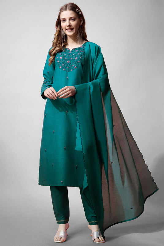 Excellent Cotton Fabric Teal Color Readymade Salwar Suit