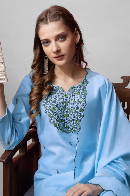 Light Cyan Color Cotton Fabric Stunning Readymade Salwar Suit