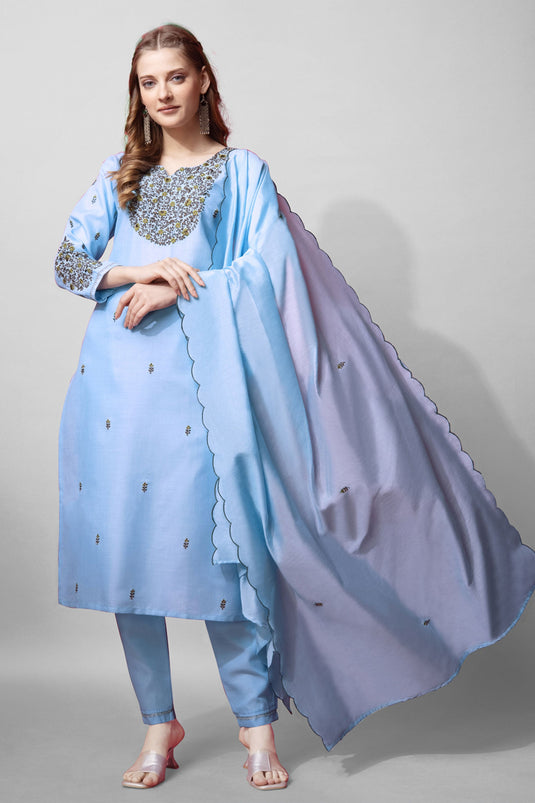 Light Cyan Color Cotton Fabric Stunning Readymade Salwar Suit