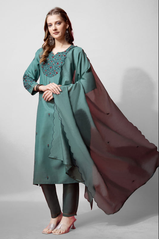 Beguiling Sea Green Color Cotton Fabric Readymade Salwar Suit