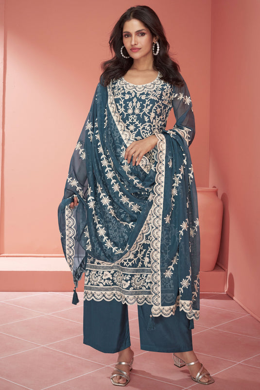 Vartika Singh Teal Color Organza Fabric Tempting Palazzo Suit