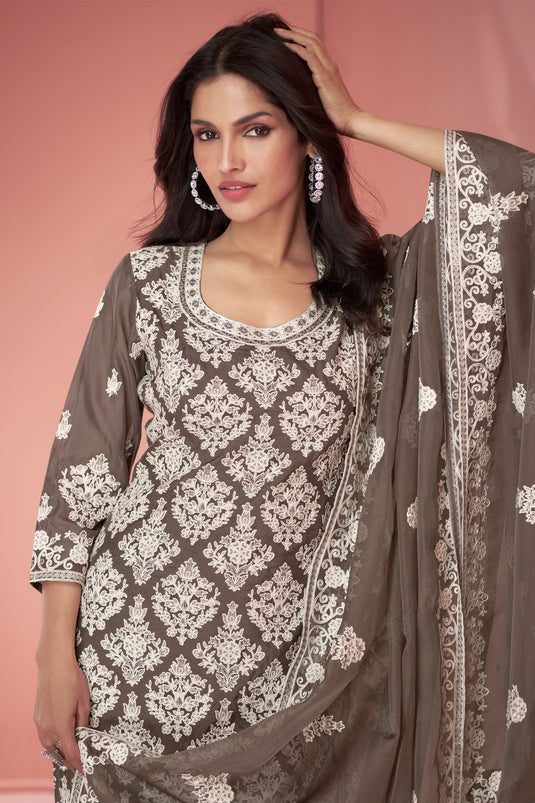 Vartika Singh Charming Brown Color Organza Fabric Palazzo Suit