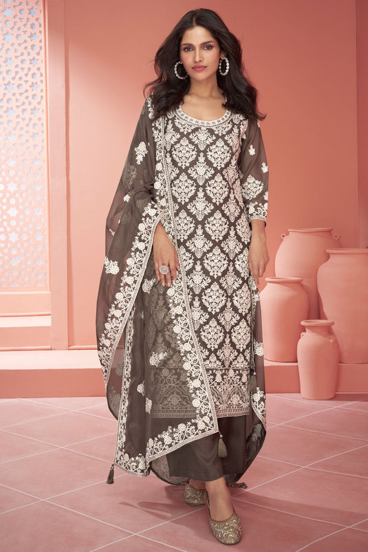 Vartika Singh Charming Brown Color Organza Fabric Palazzo Suit