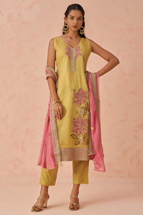 Yellow Designer Fancy Crush Fabric Readymade Straight Cut Suit With Embroidery Work