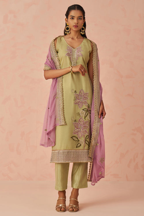 Olive Fancy Crush Fabric Embroidered Readymade Straight Cut Suit For Party Wear