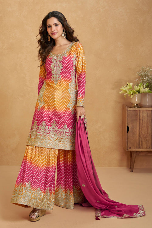 Embroidered Chinon Silk Peach Readymade Palazzo Suit With Dupatta For Festive Wear