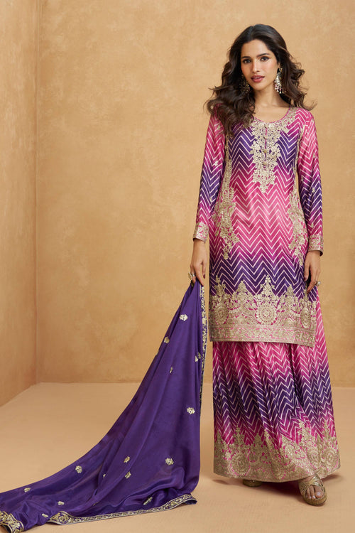 Chinon Silk Rani Embroidered Readymade Palazzo Suit For Festive Wear