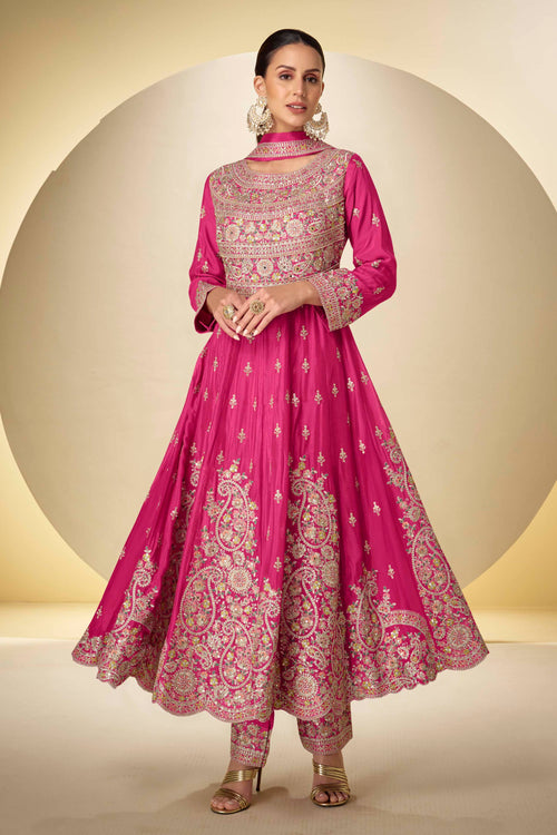 Chinon Embroidered Pink Festive Wear Readymade Anarkali Salwar Suit
