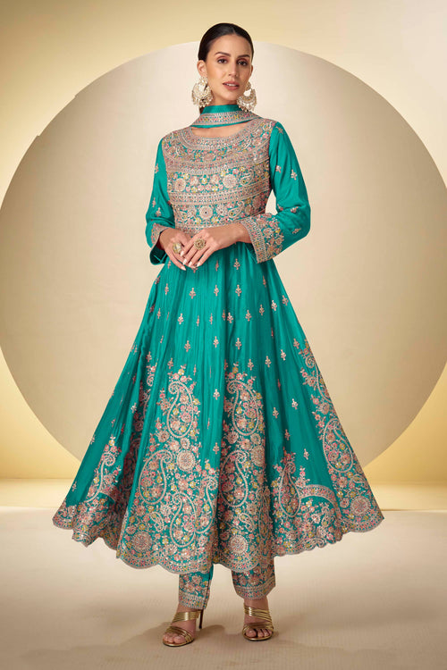 Teal Festive Wear Chinon Embroidered Readymade Anarkali Salwar Suit