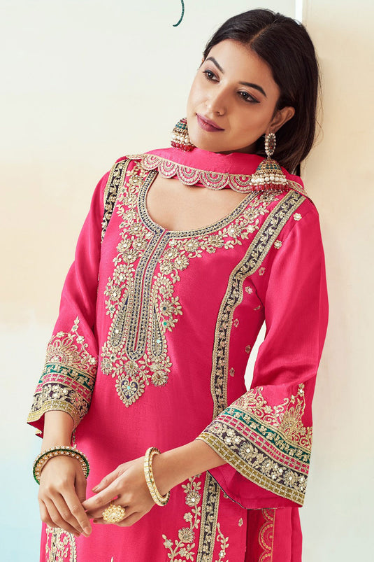 Chinon Fabric Pink Color Function Wear Elegant Palazzo Suit