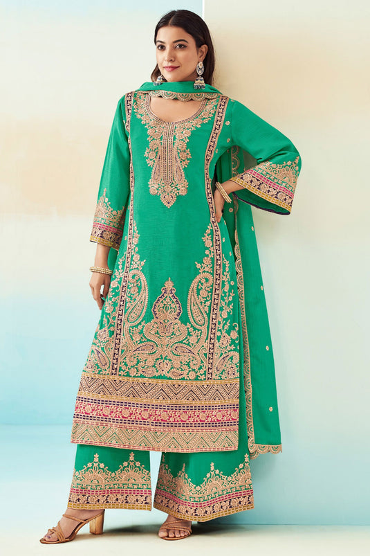 Green Color Chinon Fabric Function Wear Classic Palazzo Suit