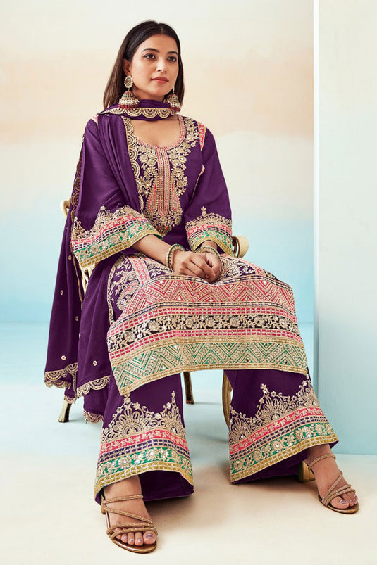 Chinon Fabric Function Wear Lovely Palazzo Suit In Wine Color