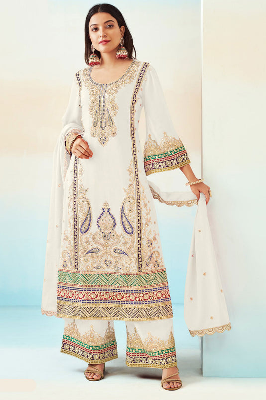 Function Wear White Color Fabulous Palazzo Suit In Chinon Fabric