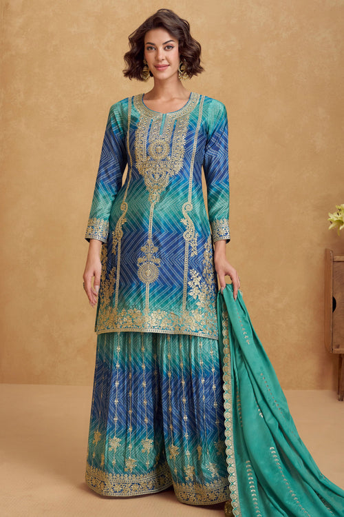 Cyan Embroidery Work Readymade Sharara Style Salwar Kameez