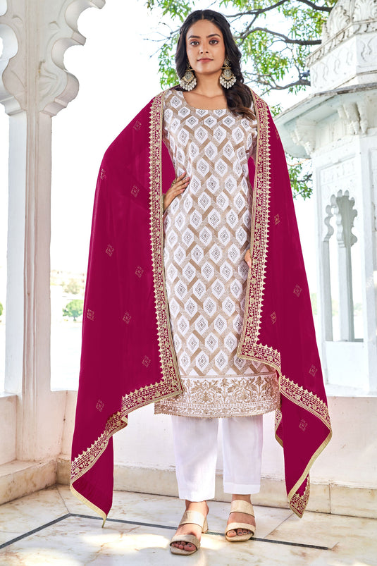 Classic Off White Color Festive Wear Salwar Suit In Fancy Fabric