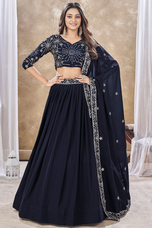 Navy Blue Color Georgette Fabric Engaging Lehenga With Sequins Work