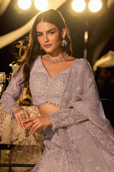 Lavender Wedding Wear Net Fabric Readymade Lehenga Choli