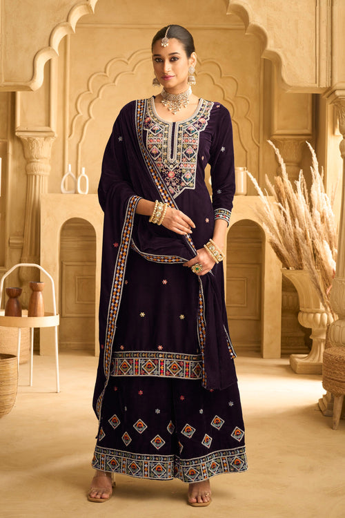 Purple Velvet Party Wear Palazzo Suit