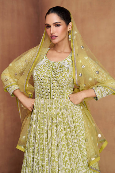Green Georgette Floor Touch Readymade Anarkali Style Gown With Dupatta