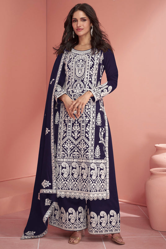 Vartika Singh Alluring Georgette Fabric Navy Blue Color Festive Look Palazzo Suit