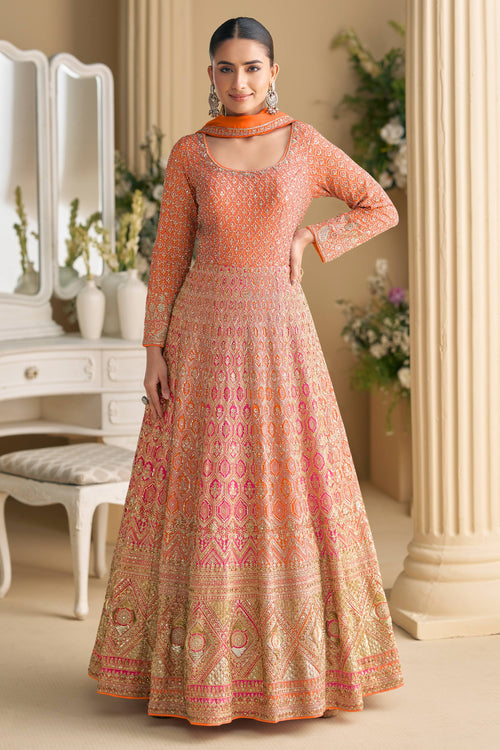 Orange Embroidered Georgette Anarkali Salwar Suit