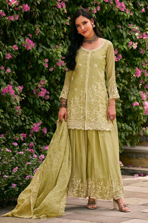 Vintage Embroidered Festive Wear Olive Palazzo Set