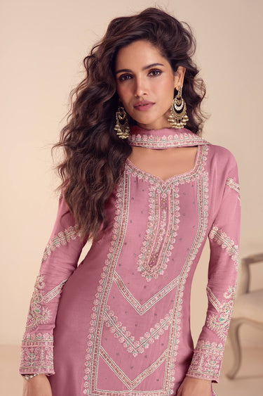 Chinon Fabric Embroidered Pink Readymade Palazzo Suit For Festive Wear