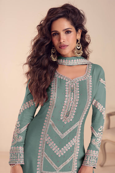 Chinon Fabric Embroidered Teal Readymade Palazzo Suit For Festive Wear