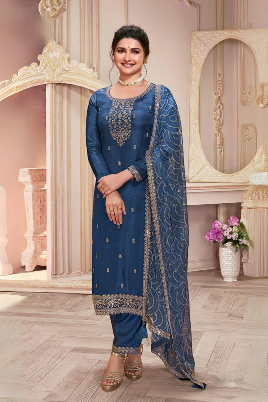 Prachi Desai Navy Blue Color Georgette Silk Fabric Tempting Salwar Suit