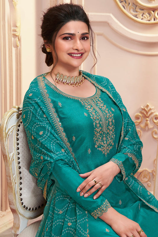 Prachi Desai Georgette Silk Fabric Beatific Salwar Suit In Green Color