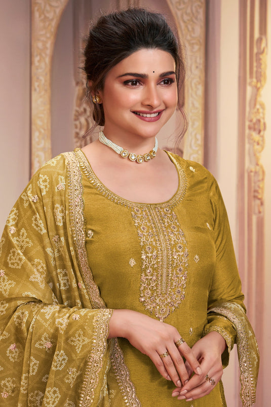 Prachi Desai Mustard Color Inventive Salwar Suit In Georgette Silk Fabric