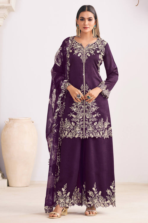 Purple Embroidered Synthetic Readymade Palazzo Salwar Suit