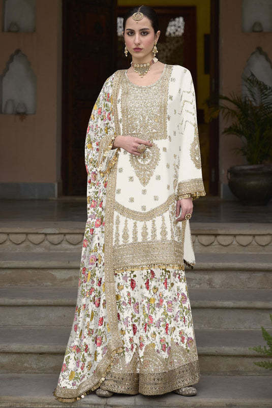 Exclusive White Color Readymade Palazzo Suit In Chinon Fabric