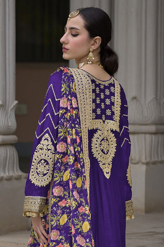 Attractive Chinon Fabric Purple Color Readymade Palazzo Suit