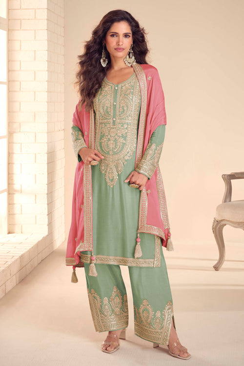 Sea Green Chinon Embroidered Designer Salwar Suit