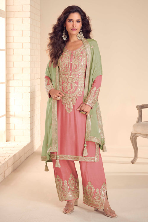 Chinon Designer Salwar Suit In Pink Color