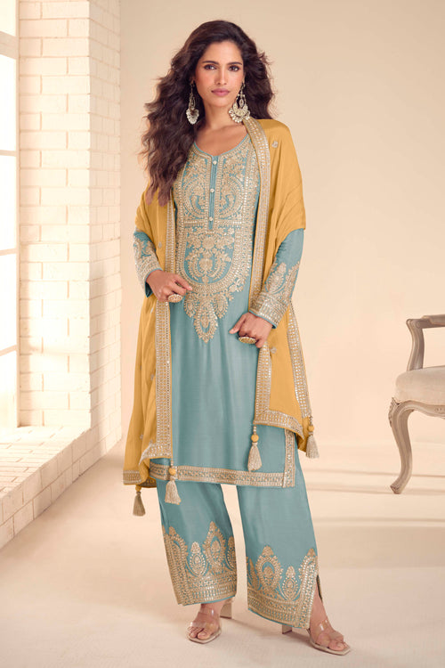 Festive Wear Embroidered Designer Suit In Chinon Fabric