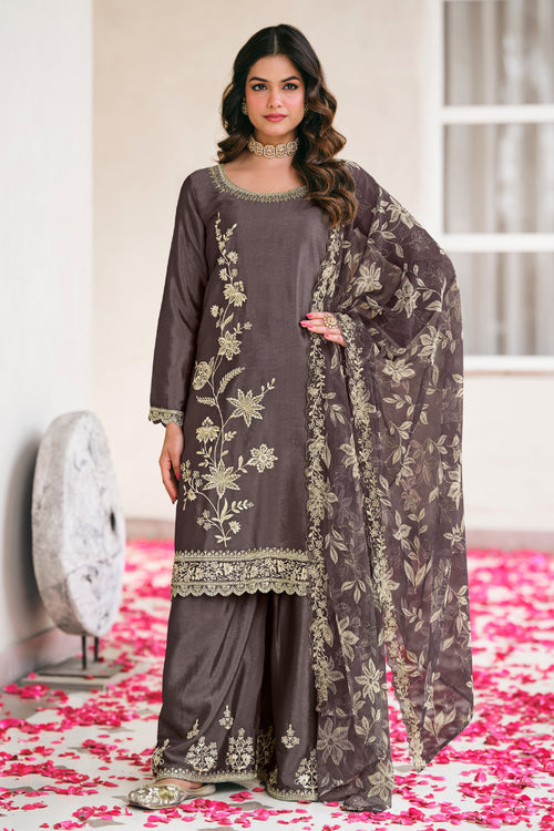Heavy Chinon Embroidered Grey Designer Palazzo Suit