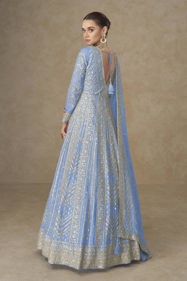 Chinon Silk Embroidered Sky Blue Designer Readymade Gown With Dupatta