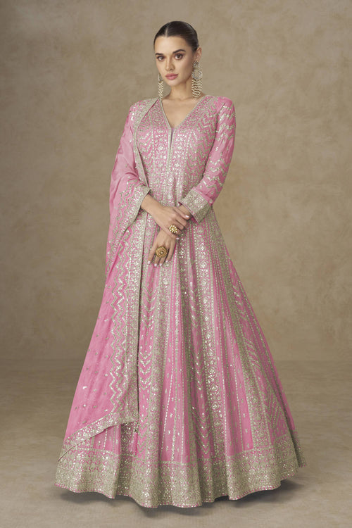 Pink Function Wear Chinon Silk Embroidered Designer Readymade Gown With Dupatta
