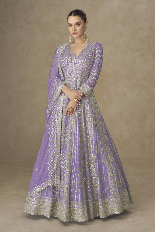 Embroidered Chinon Silk Lavender Designer Readymade Gown With Dupatta