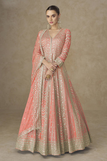 Peach Function Wear Chinon Silk Designer Readymade Gown With Dupatta