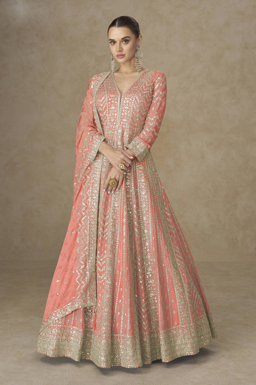 Peach Function Wear Chinon Silk Designer Readymade Gown With Dupatta